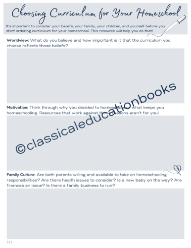 Choosing Curriculum Worksheet